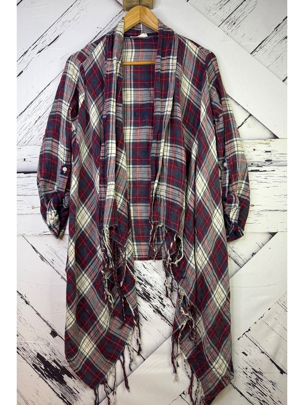 Festival Boho Altar’d State Plaid Fringe Shawl Cardigan Western Women SM
